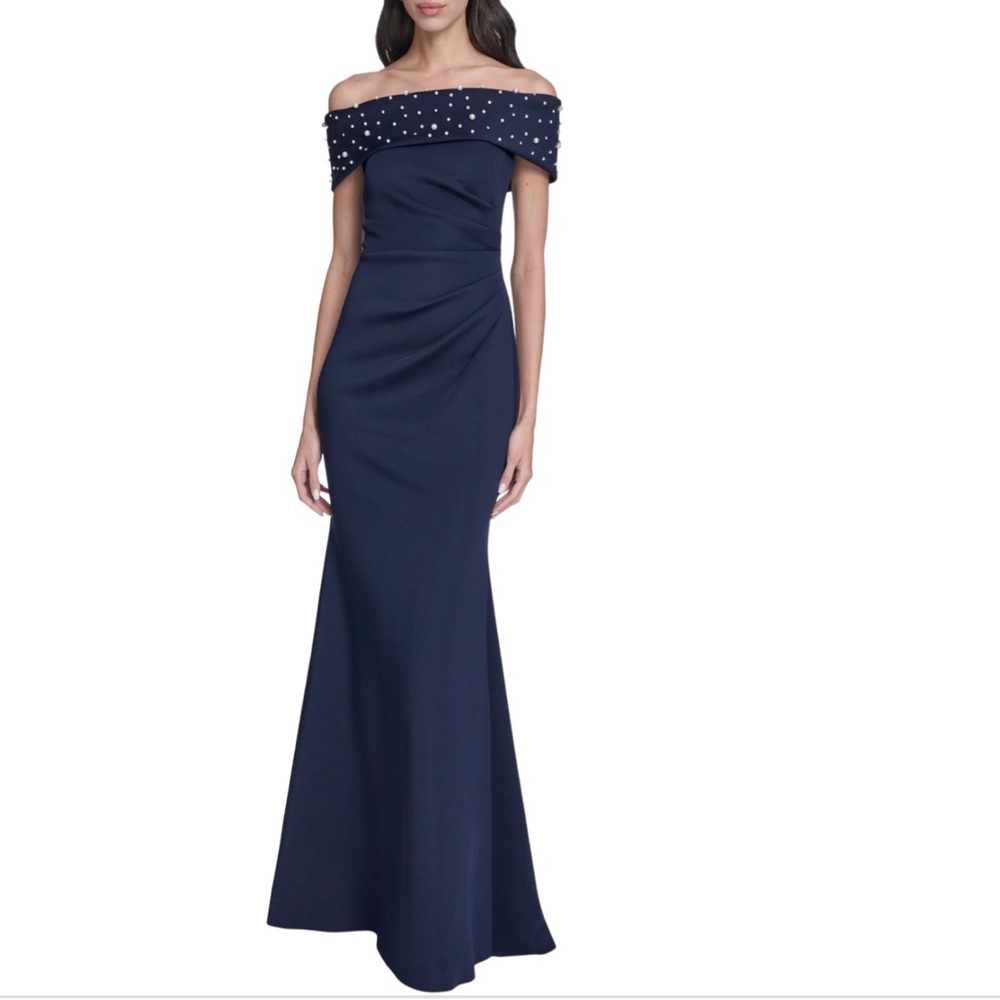 Eliza J Faux Pearl Rhinestone Off the Shoulder Gown Blue Scuba Mermaid Size 14